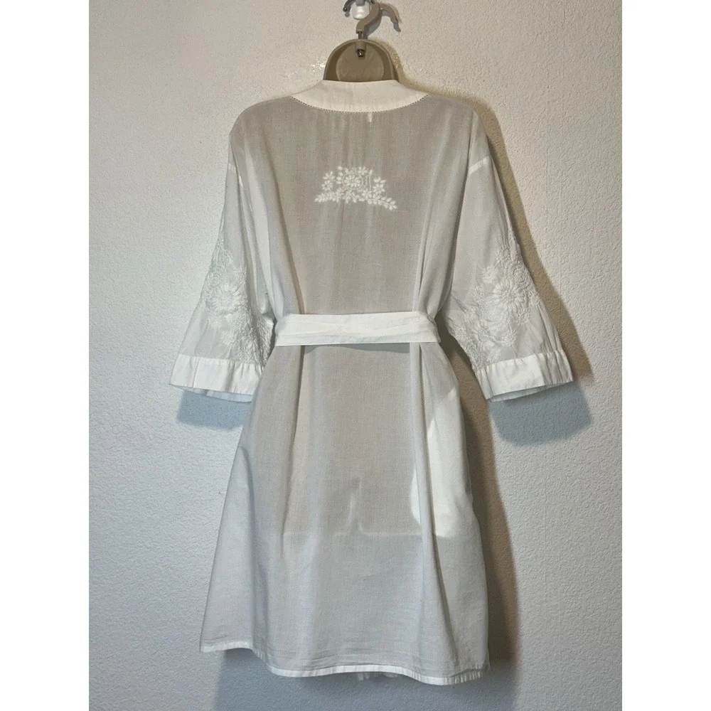 La Cera White Cotton Embroidered Robe Tie Pockets Boho Cottagecore  M/L - Picture 3 of 8